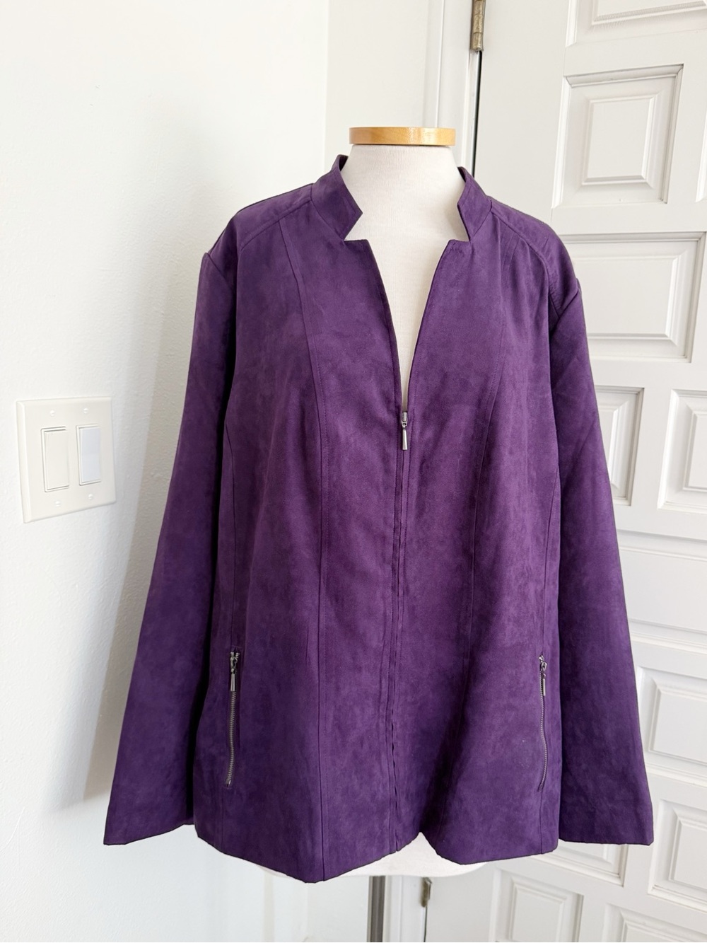 Studio Works Deep Purple Jacket Suede-like Blazer Pockets Full Front Zip Size 22